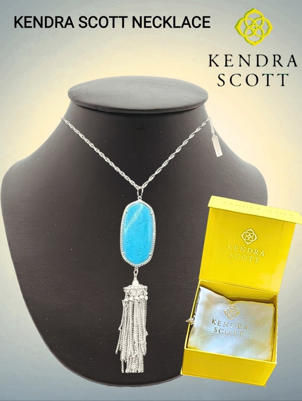 Kendra Scott Turquoise Magnesite Blue Pendant Silver Necklace 30" New In Box